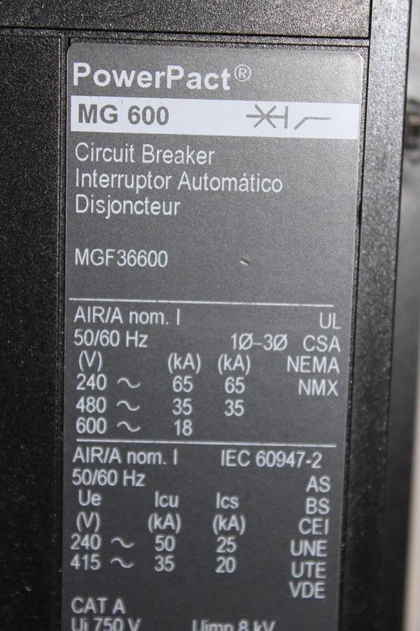 Used SQUARE D POWERPACT BREAKER MGF36600 600 AMP 3-POLE 600 VAC **WARRANTY**