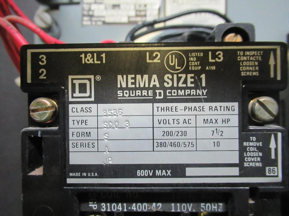 Used SQUARE D MCC MOTOR CONTROL STARTER 12" MODEL 4 W/ 8536SCO3 STARTER NEMA 1 10 HP