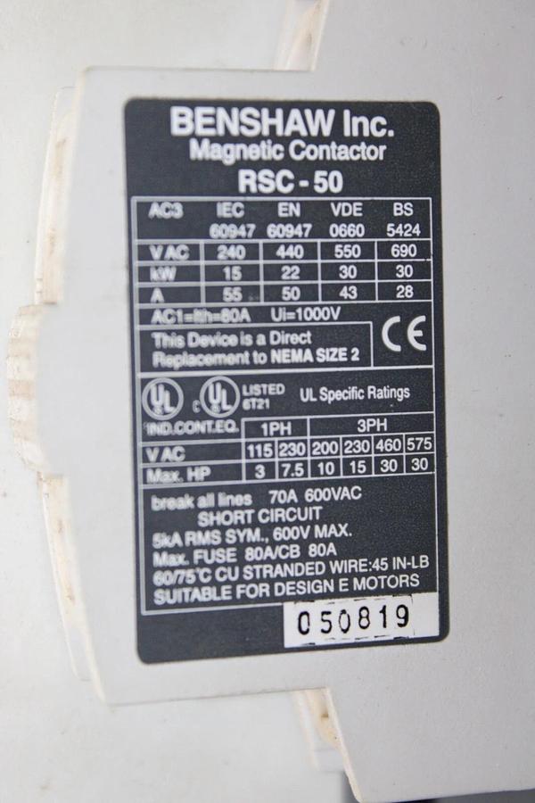 Used BENSHAW MAGNETIC CONTACTOR RSC-50 600 VAC 70 AMP 30 HP COIL: 120 VAC