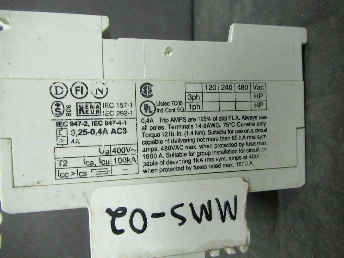 Used ABB MANUAL MOTOR START MS325 0.25-0.40 AMP 480 VAC W/ AUXILIARY CONTACTS