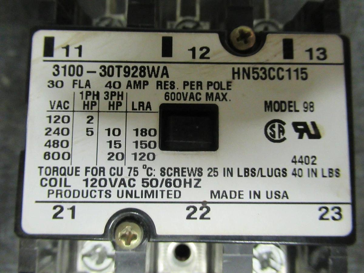 Used PRODUCTS UNLIMITED CONTACTOR 3100-30T928WA 30A 600V 20HP HN53CC115 COIL: 120V