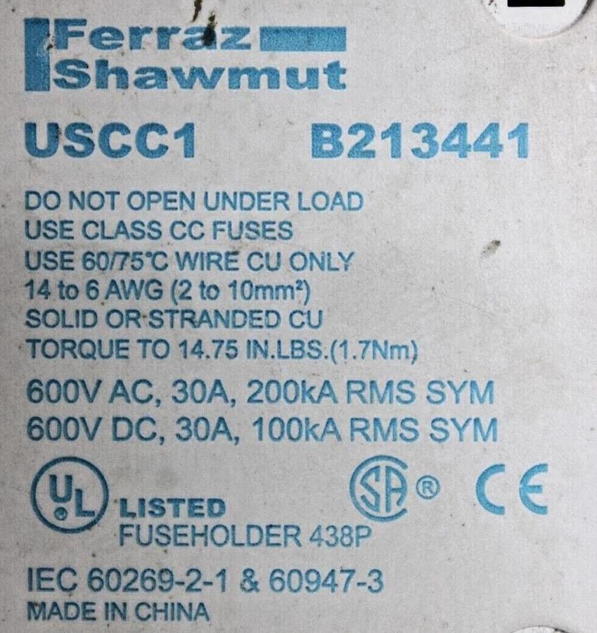 Used FERRAZ SHAWMUT ULTRASAFE FUSE HOLDER USCC1 B213441 1-POLE 600 VOLT 30 AMP