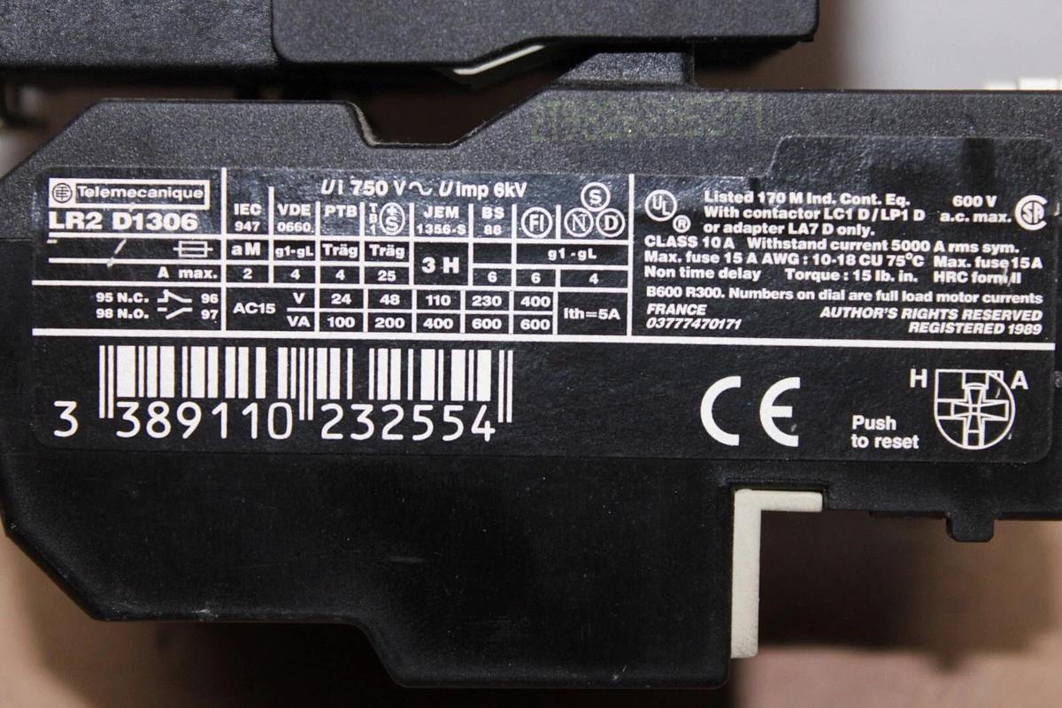 Used TELEMECANIQUE STARTER LC1D0910 20 AMP 600 VAC 7.5 HP W/ LR2-D1306