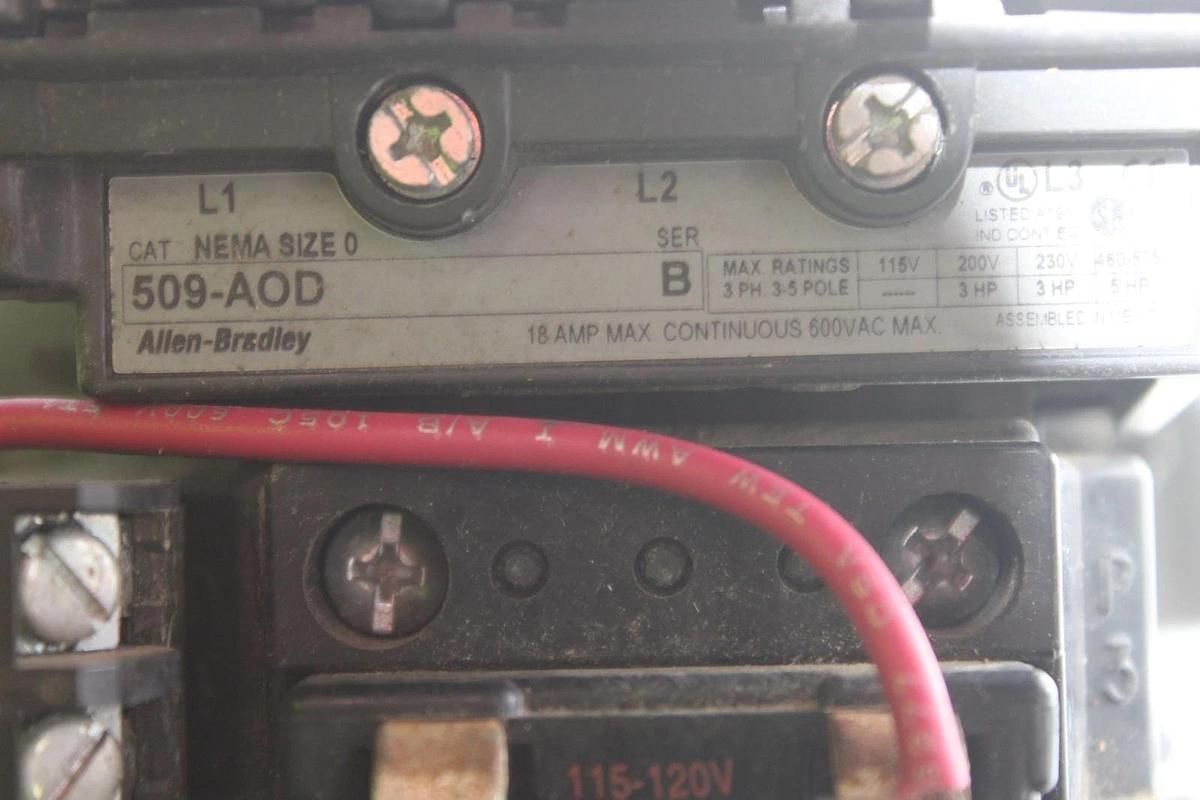 Used ALLEN BRADLEY NEMA STARTER 509-AOD SIZE 0 18 AMP 600 VOLT 3-PHASE 5 HP