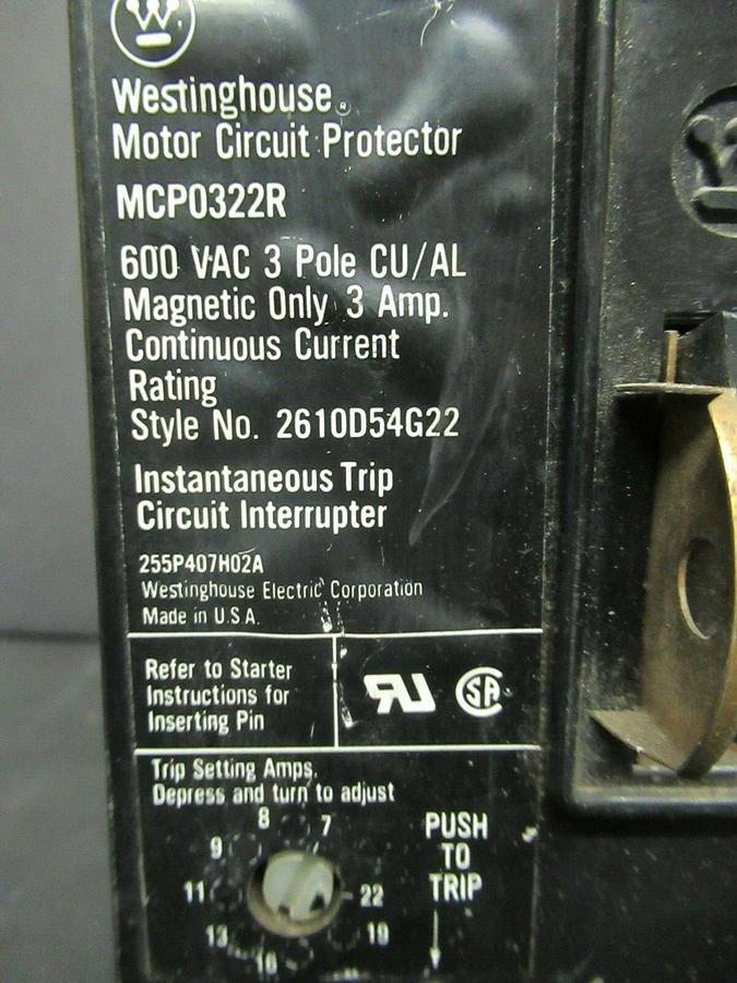 Used 3 AMP WESTINGHOUSE BREAKER MCP0322R 3 POLE 600 VAC W/ TOP & BOTTOM LUGS & AUX