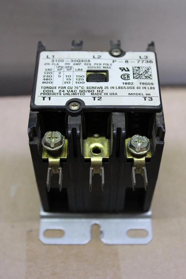 Used PRODUCTS UNLIMITED CONTACTOR 3100-30Q808 600 VAC 25 AMP 20 HP *WARRANTY*