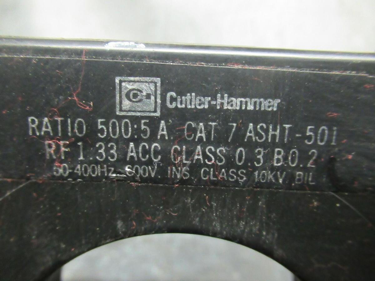 Used CUTLER HAMMER CURRENT TRANSFORMER ASHT-501 500:5 50-400 HZ 600 VOLTS