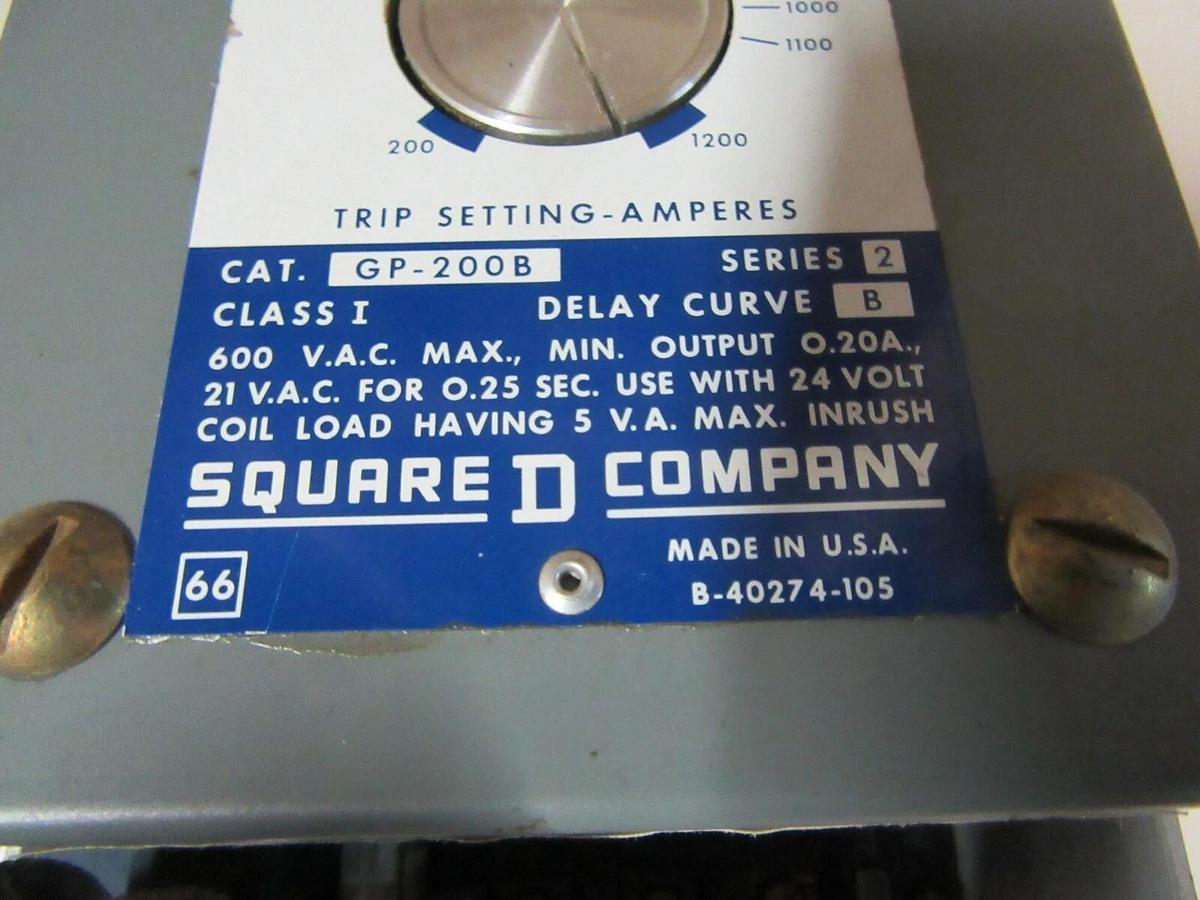 Used SQUARE D GP-200B TYPE GP GROUND FAULT RELAY 24 VAC INPUT 200 - 1200 AMPS SENSOR