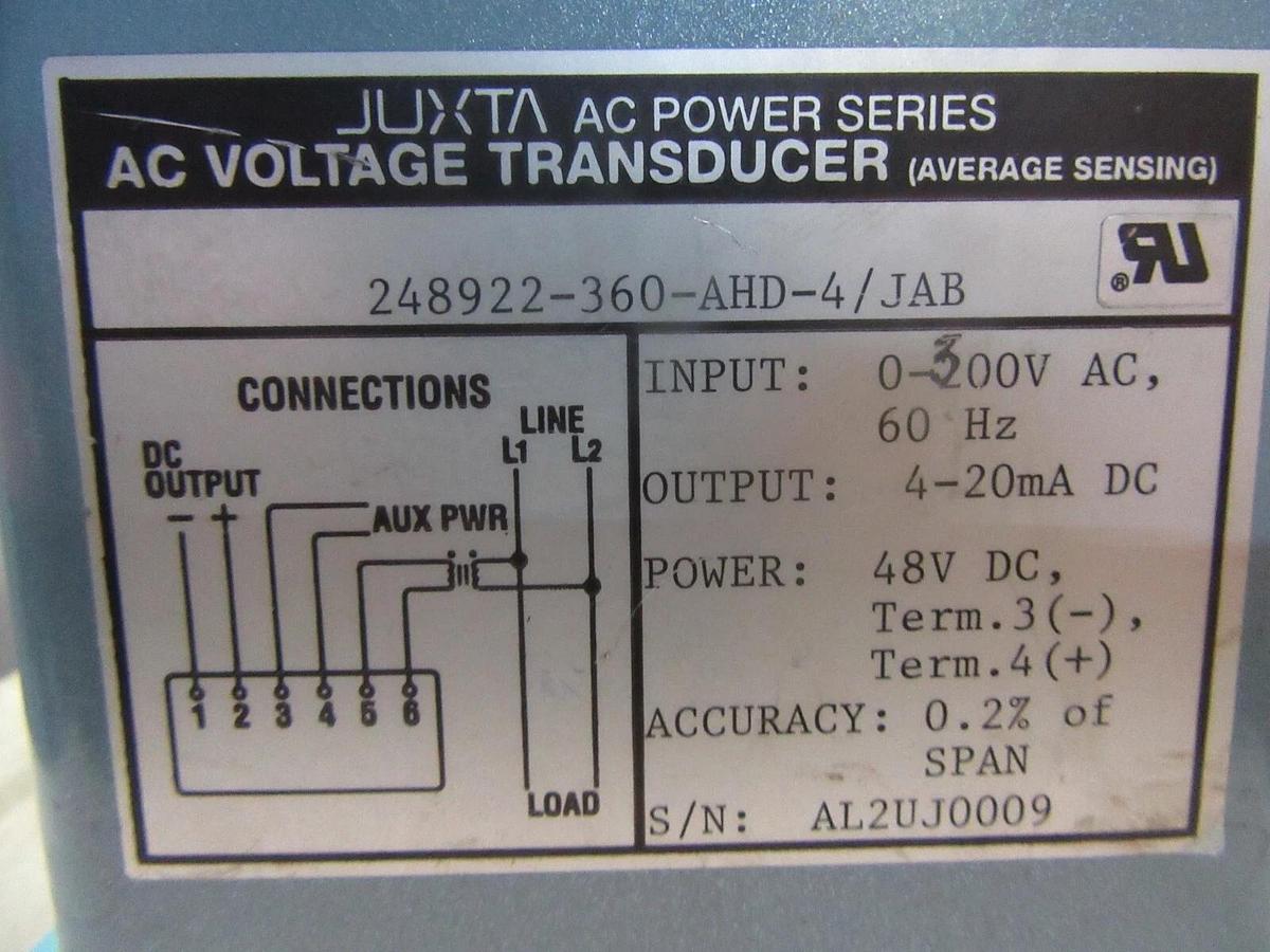 Used YOKOGAWA JUXTA VOLTAGE TRANSDUCER 248922-360-AHD-4/JAB 300 VAC 4-20 mA