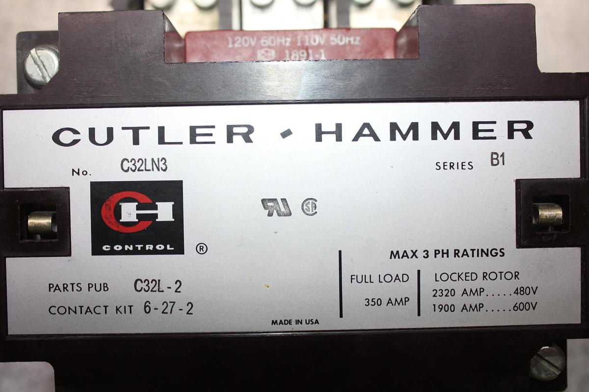 Used CUTLER HAMMER CONTACTOR C32LN3 350 AMP 600 VAC 3-PHASE COIL: 120 VAC