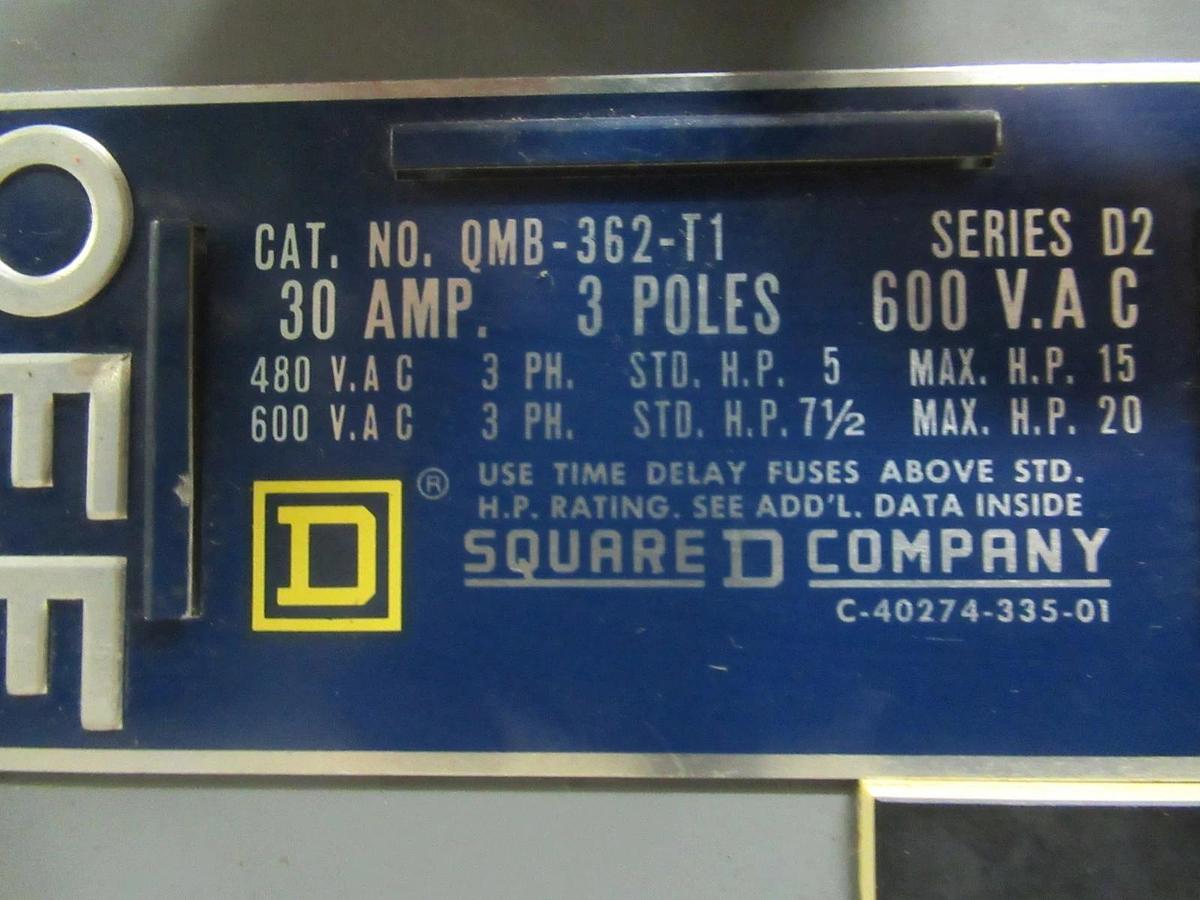 Used SQUARE D QMB SAFLEX SWITCH UNIT QMB-362-T1 30A 600VAC 3 POLE SER. D2 3PHASE 20HP