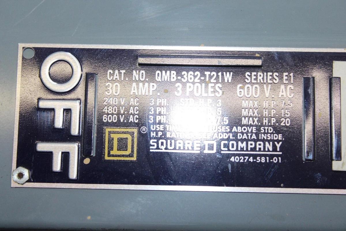 Used SQUARE D TANDEM DISCONNECT SWITCH QMB-362-T21W 30 AMP 600 VAC 3-PHASE