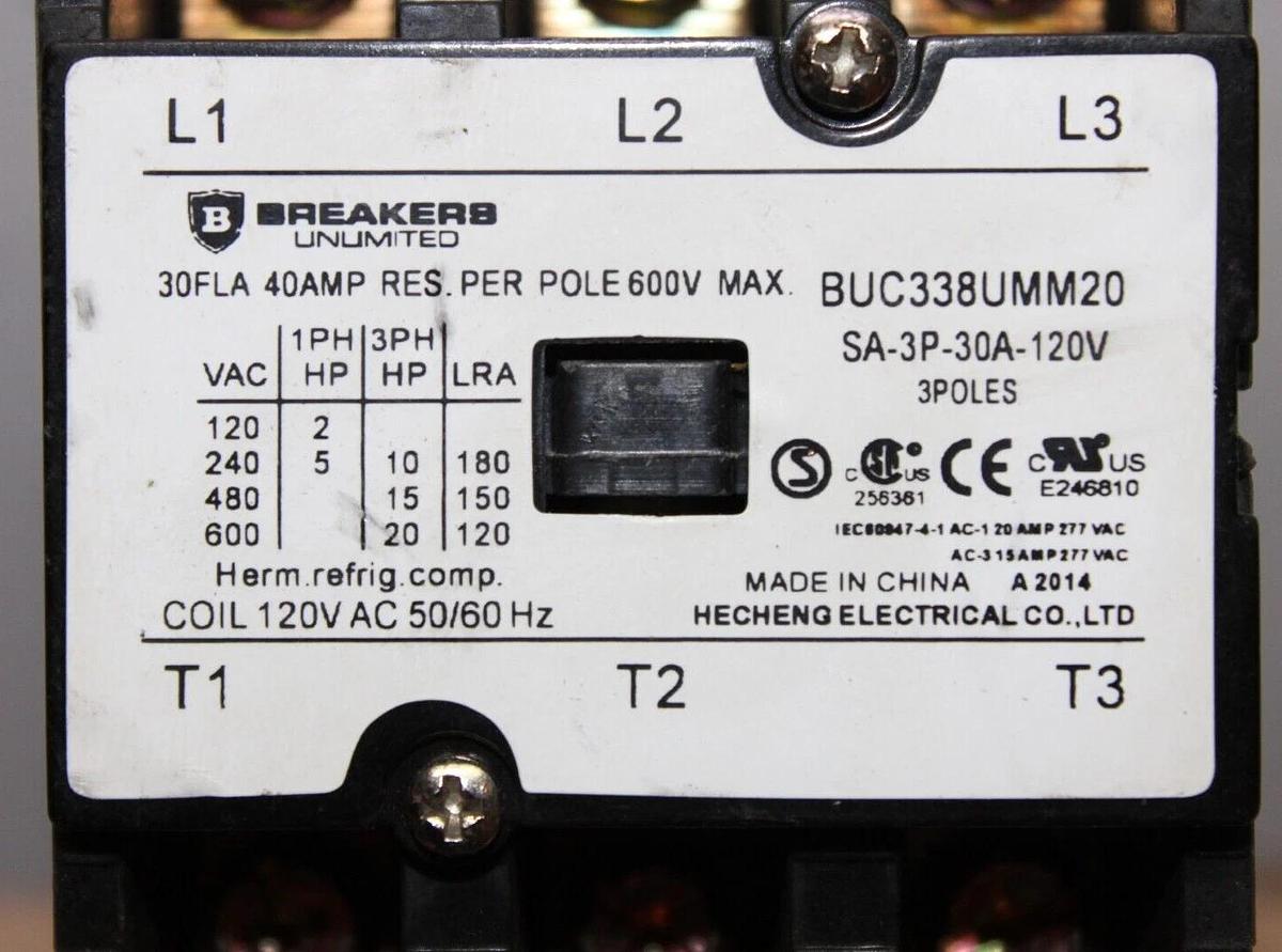Used BREAKERS UNLIMITED CONTACTOR BUC338UMM20 600 VAC 30 AMP 20 HP **WARRANTY**