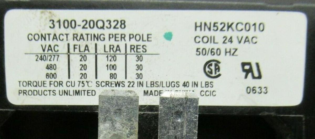 Used PRODUCTS UNLIMITED CONTACTOR 3100-20Q328 20 AMP 600 VAC COIL: 24 VAC 30 AMP/RES