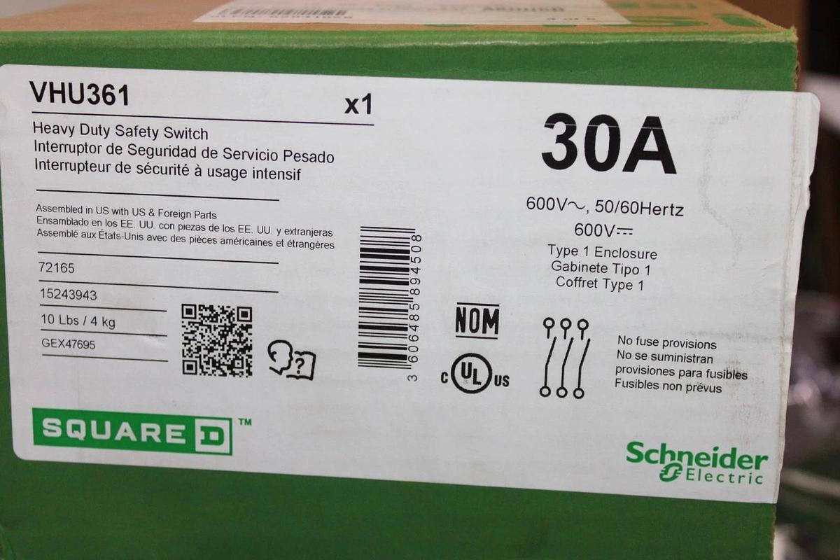 NIB SQUARE D VISIPACT HEAVY DUTY SAFETY SWITCH VHU361 30 AMP 600 VAC TYPE 1