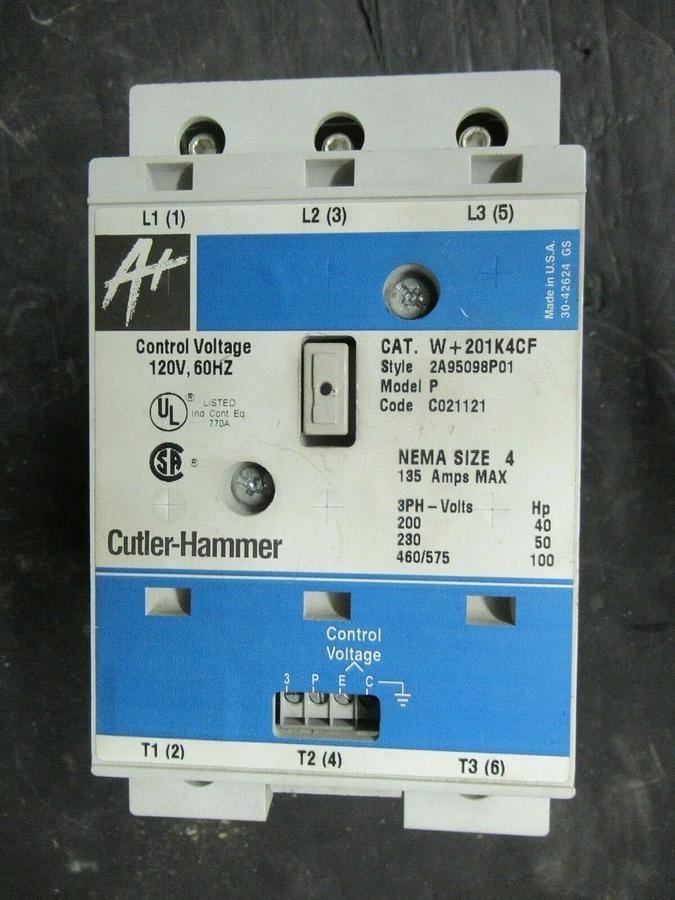 Used 135 AMP CUTLER HAMMER CONTACTOR W+201K4CF 2A95098P01 NEMA 4 600 VAC