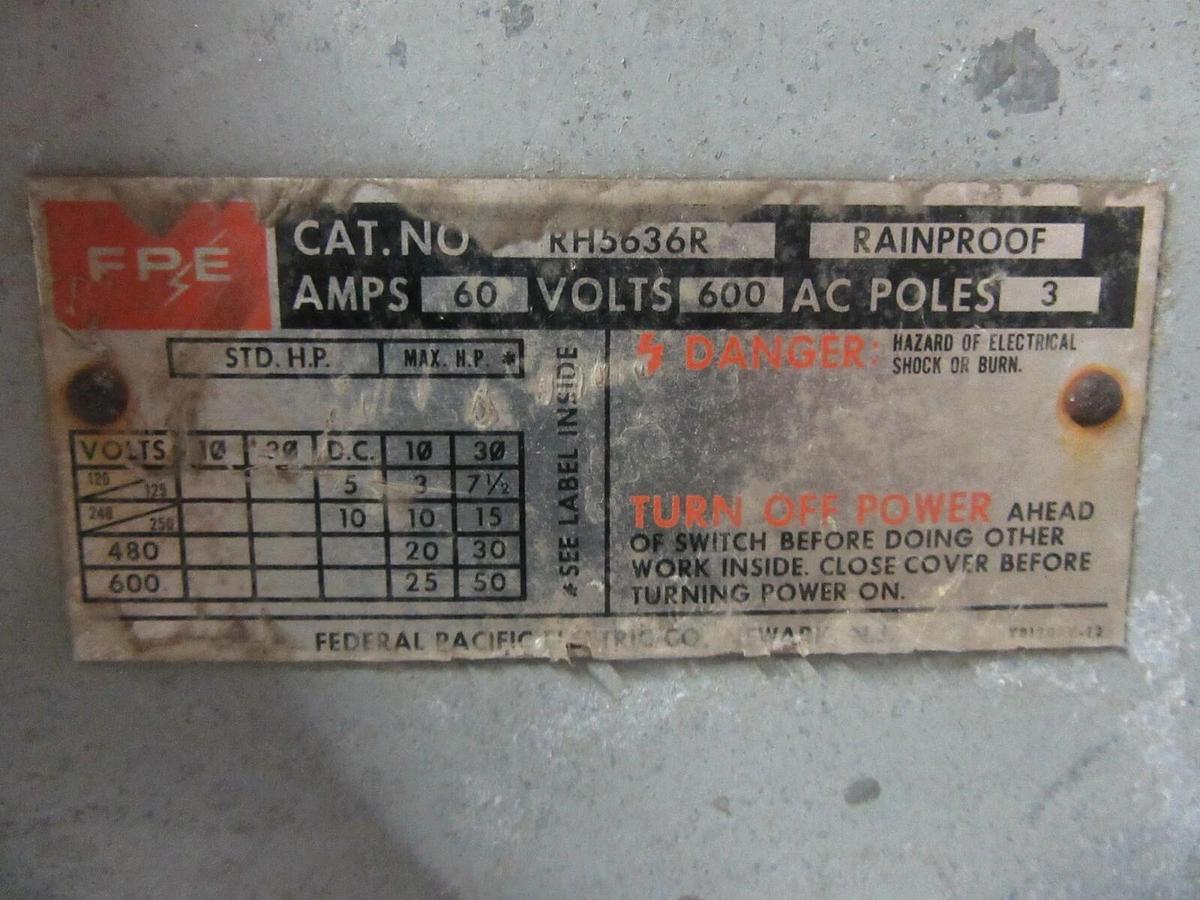 Used FPE FEDARAL PACIFIC RH5636R NON-FUSIBLE DISCONNECT NEMA 3R 60 AMPS 600 VAC