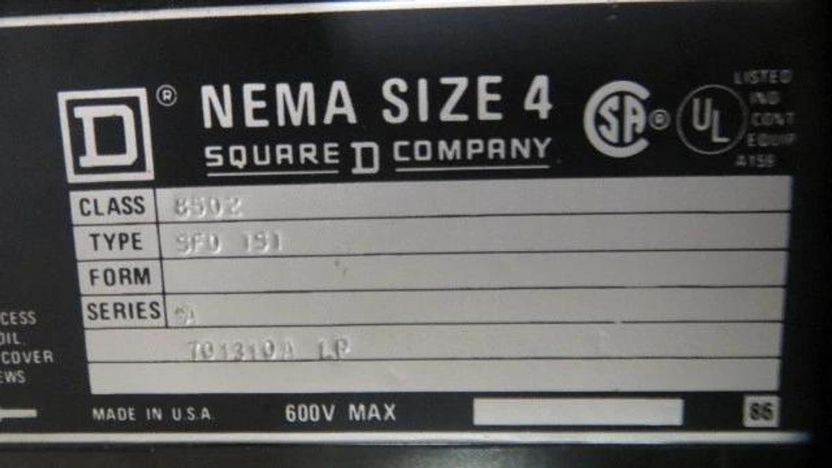 Used SQUARE D NEMA SIZE 4 CONTACTOR 600 VAC W/ 480V COIL MODEL 8502SFO1S1