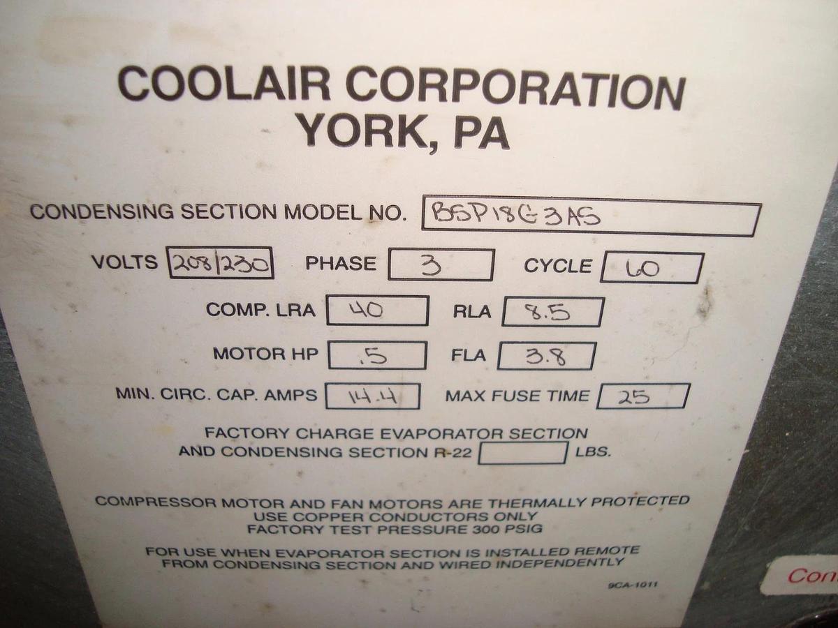 Used 1.5 TON YORK AIR CONDITIONING SYSTEM MCRS18G3AS02 EMCRS18G3AS02 EVAP AND COND