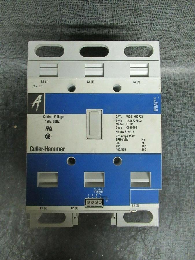 Used 270 AMP NEMA: 5 CUTLER HAMMER CONTACTOR W201K5CFZ1 200 HP 600 VAC 3 PHASE