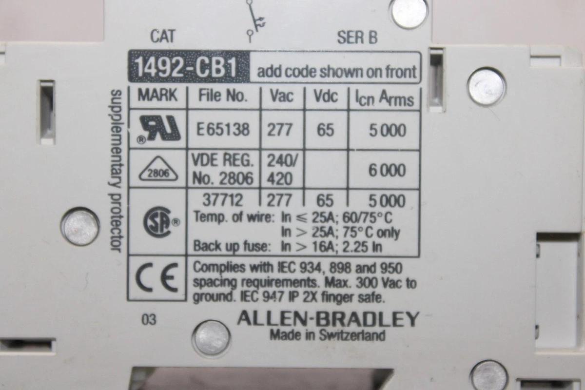Used ALLEN BRADLEY CIRCUIT BREAKER 1492-CB1 SINGLE POLE 2 AMP 277 VAC H020