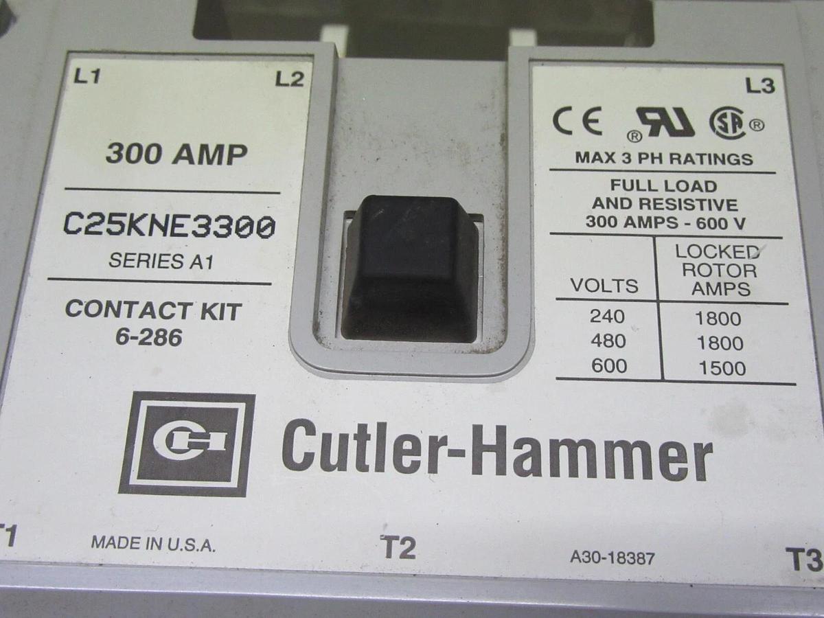 Used CUTLER HAMMER CONTACTOR C25KNE3300 300 AMP 600 VAC 3-PHASE COIL: 110/120 V