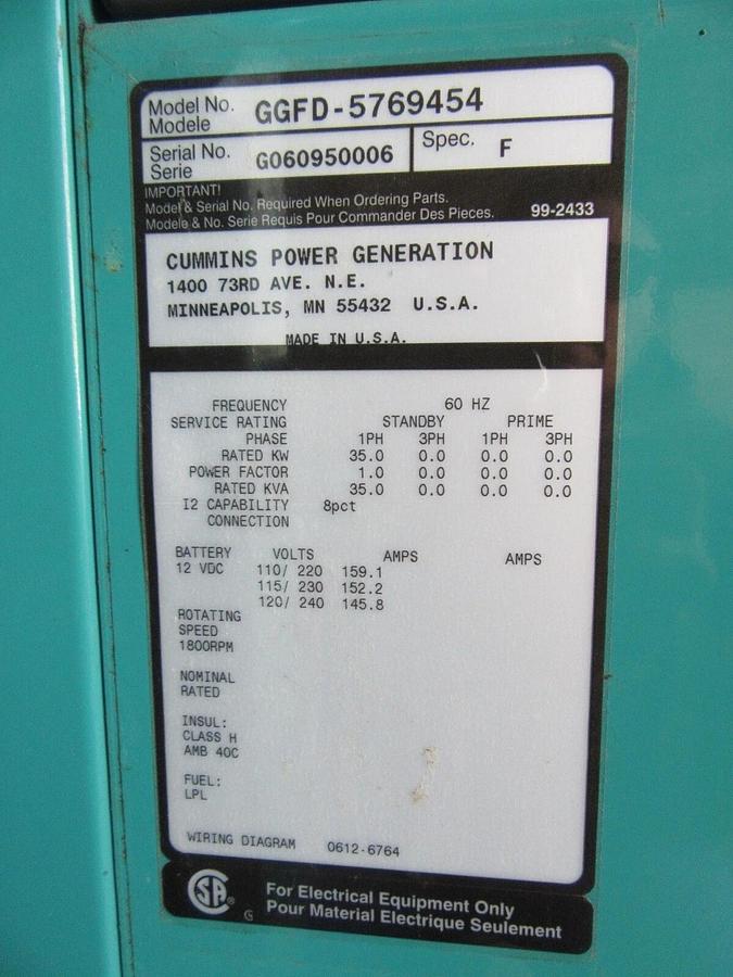 Used 35 KW GENERATOR NATURAL GAS LP PROPANE CUMMINS ONAN 120/240 VOLT 1 PH 332 HRS