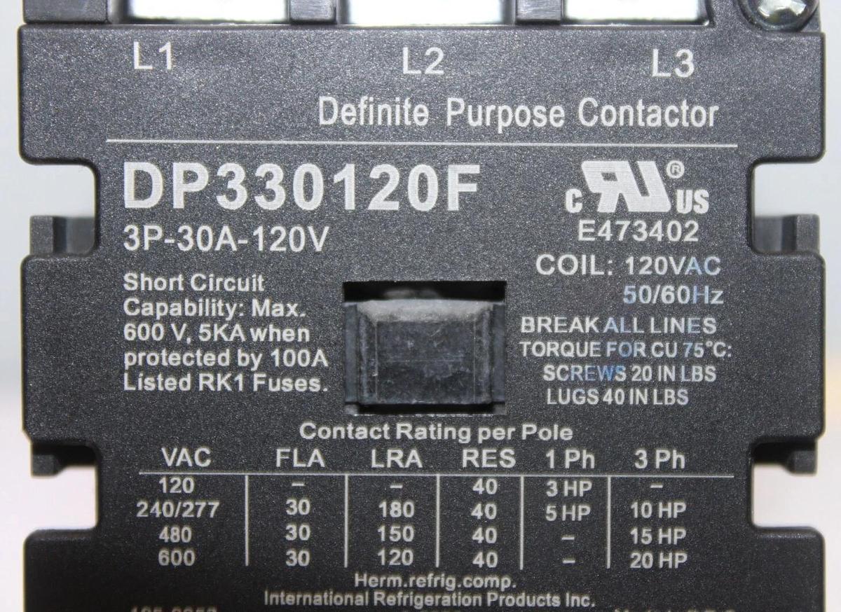 Used IRP CONTACTOR DP330120F 30 AMP 3-POLE 600 VAC 3-PHASE COIL: 120 V