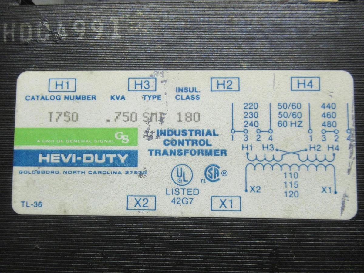 Used GENERAL SIGNAL HEVI-DUTY TRANSFORMER T750 750VA PRI: 480V SEC: 120V