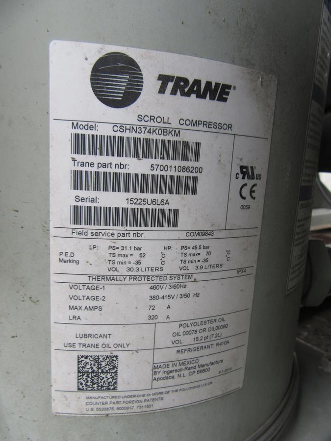 Used 2015 TRANE 120 TON AIR COOLED CHILLER 460 VOLT 410A 125 TON CGAM120