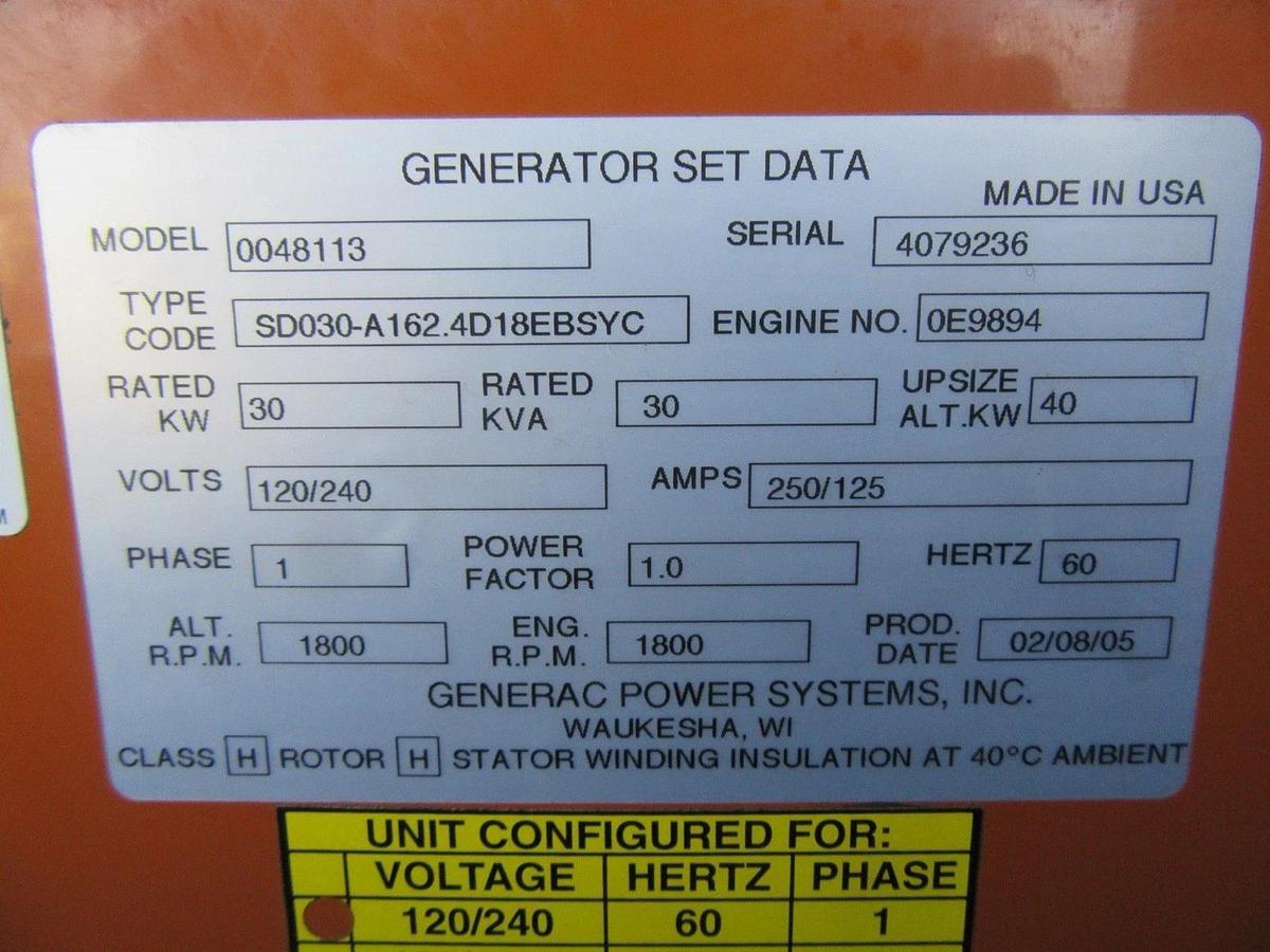 Used 30 KW DIESEL GENERATOR GENERAC 120/240 VOLT ONLY 407 HRS SOUND ENCLOSED VIDEO