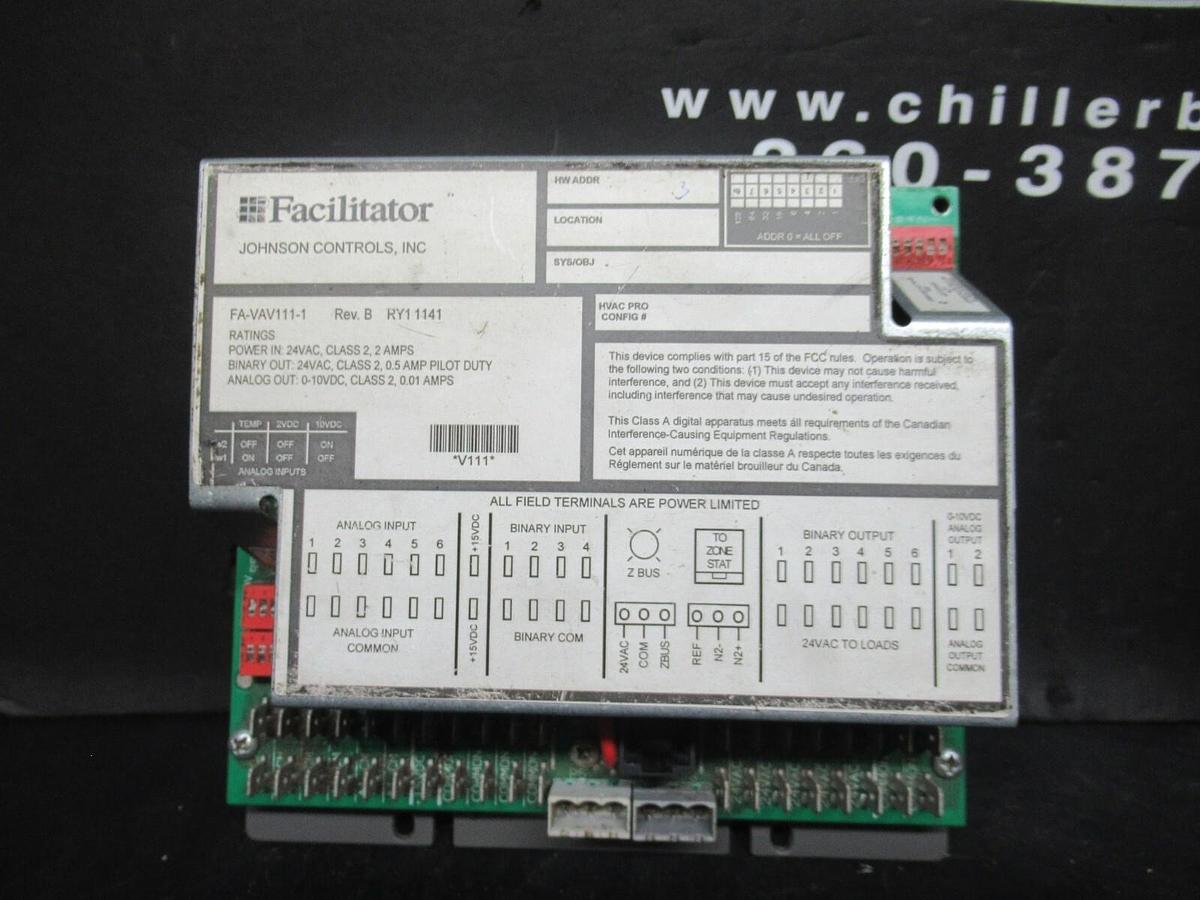 Used JOHNSON CONTROLS FACILITOR HVAC CONTROLLER FA-VAV111-1 REV. B 24 VAC 2 AMP