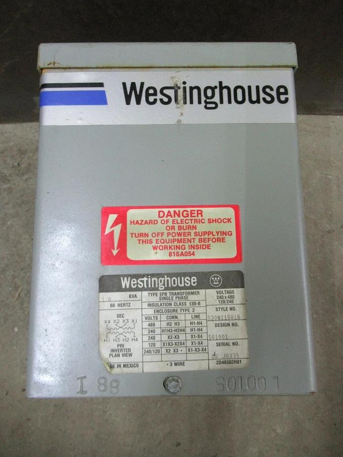 Used 1 KVA WESTINGHOUSE S20N11S01H ENCAPSULATED TRANSFORMER 240 X 480 VAC 240/120
