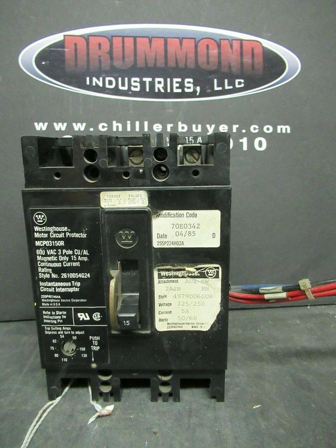 Used 15 AMP WESTINGHOUSE BREAKER MCP03150R 600 VAC 3 POLE W/ AUXILIARY SWITCH