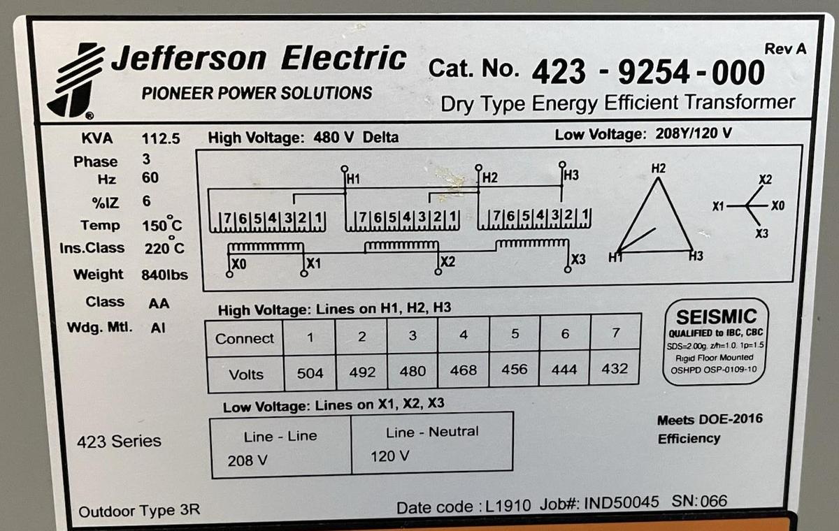 Used 112.5 KVA JEFFERSON TRANSFORMER 423-9254-000 480V HIGH 208/120V LOW NEMA 3R