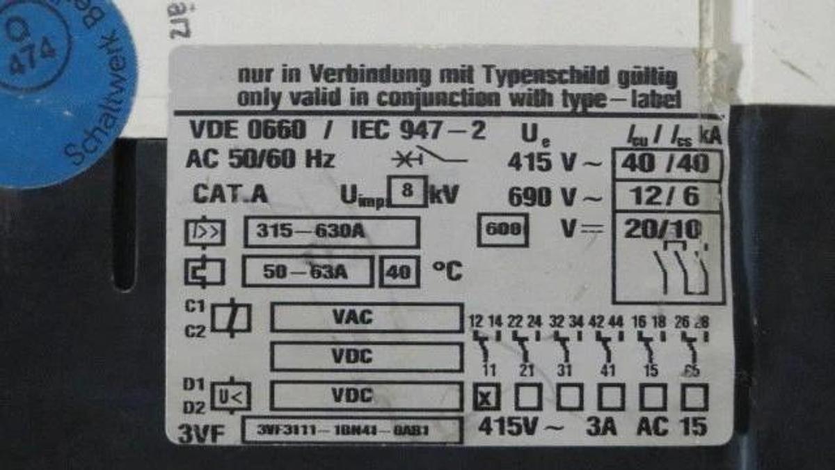 Used SIEMENS BREAKER 50-63 AMP 600 VAC 3 POLE MODEL 3VF3111-1BN41-OAB1 **WARRANTY**