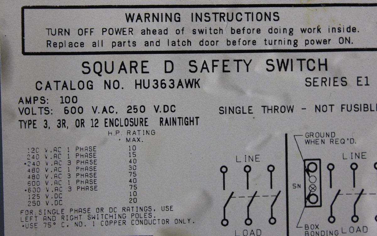 Used SIEMENS HEAVY DUTY SAFETY SWITCH HF363 100 AMP 600 VOLT TYPE 1 ENCLOSURE