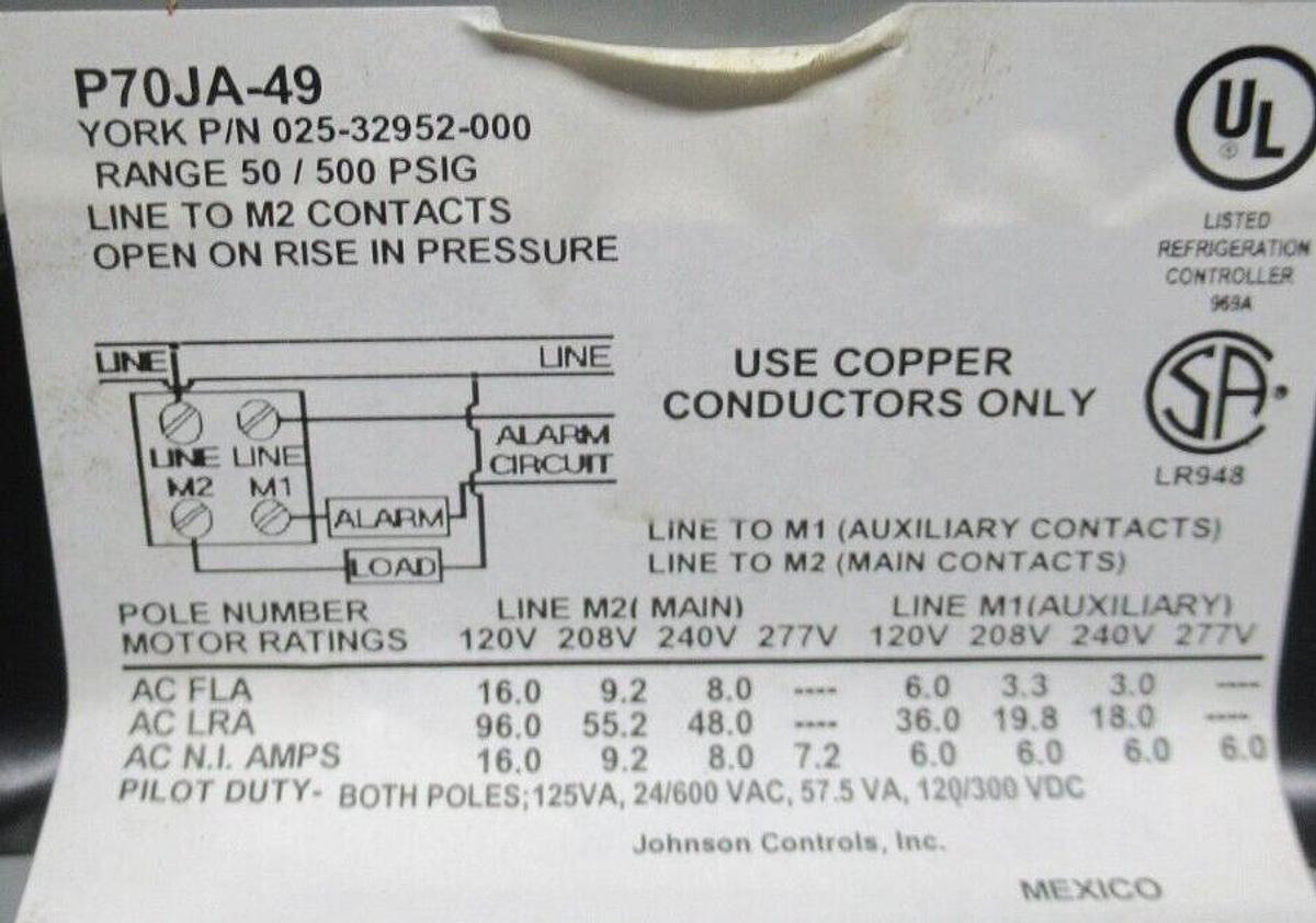 Used JOHNSON CONTROLS PRESSURE CONTROL P70JA-49 600 VAC 16 AMP 50/500 PSIG