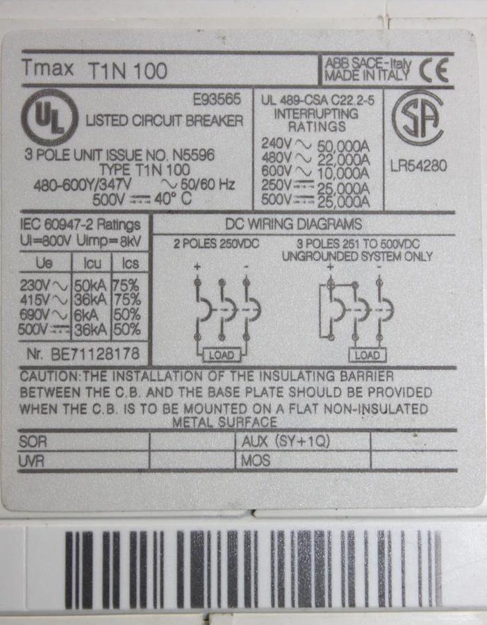 Used ABB CIRCUIT BREAKER T1N100 TMAX 80 AMP 600 VAC 3-POLE **WARRANTY INCLUDED**