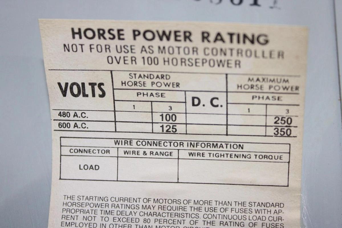 Used ITE VACU-BREAK PANELBOARD DISCONNECT SWITCH VMS365B 400 AMP 600 VAC 3-PHASE