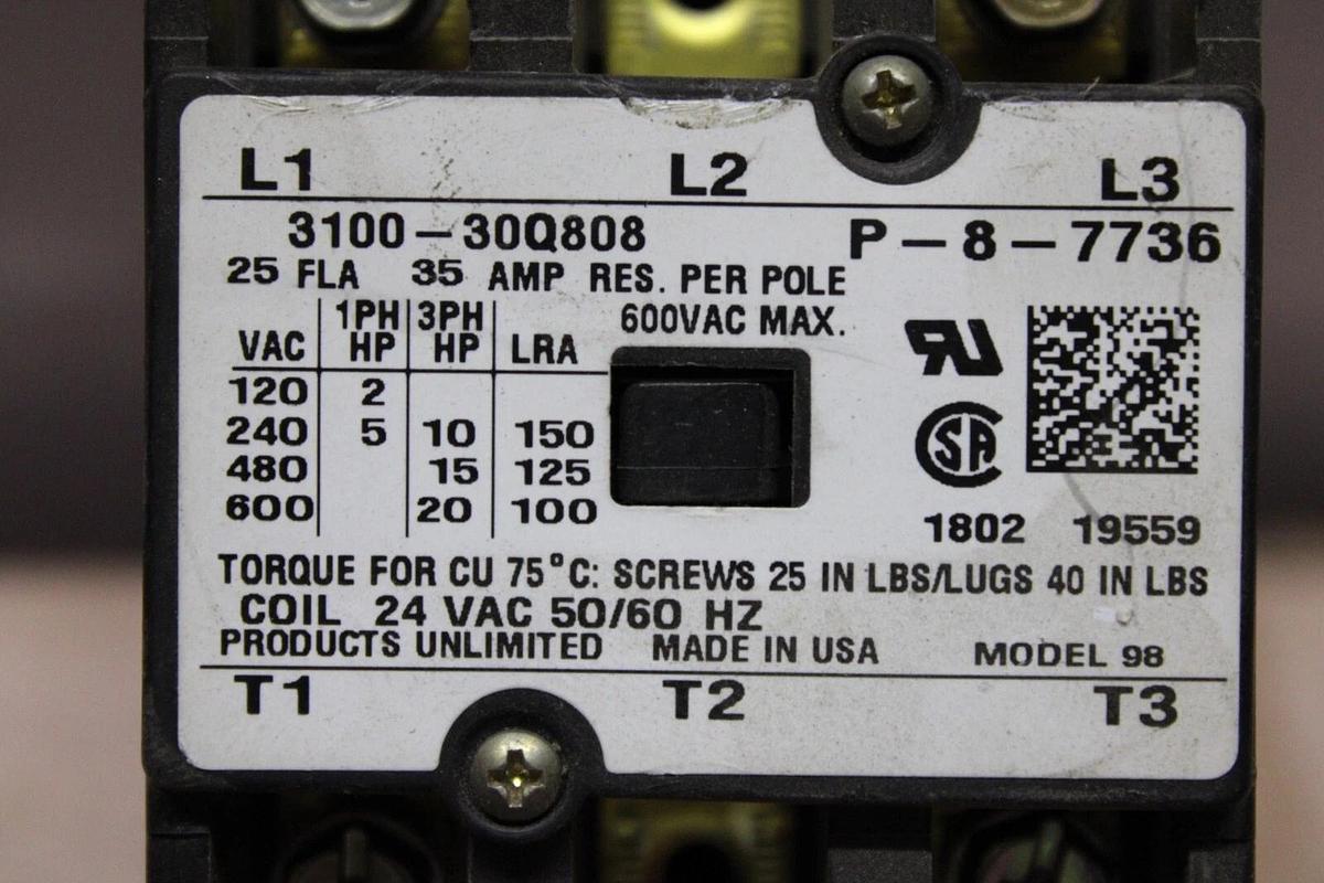 Used PRODUCTS UNLIMITED CONTACTOR 3100-30Q808 600 VAC 25 AMP 20 HP *WARRANTY*