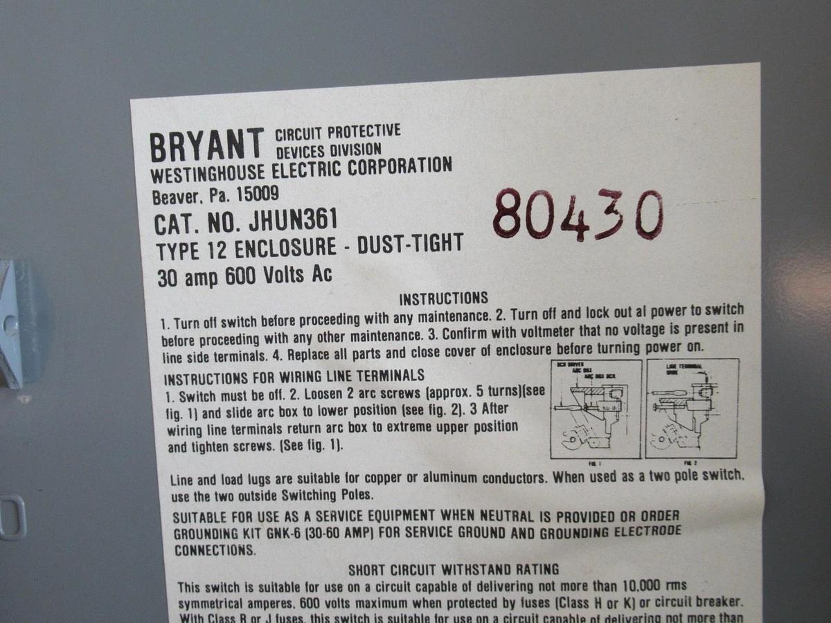 Used WESTINGHOUSE DISCONNECT SWITCH JHUN361 600VAC 20HP 30A 600VDC TYPE 12