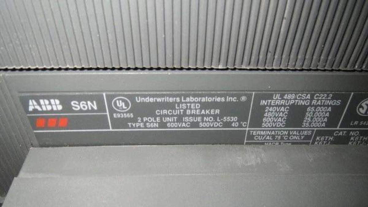Used ABB D/C BREAKER SACE S6 600 AMP, 600 VAC 500 VDC W/ 600 AMP TRIP, 2 POLE