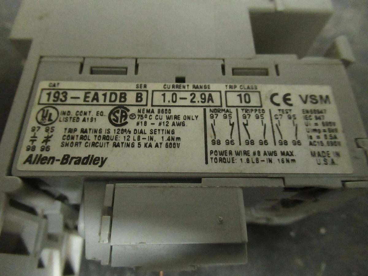 Used 2.9 AMP ALLEN BRADLEY OVERLOAD RELAY 193-EA1DB SER. B 600 VAC 3 POLE