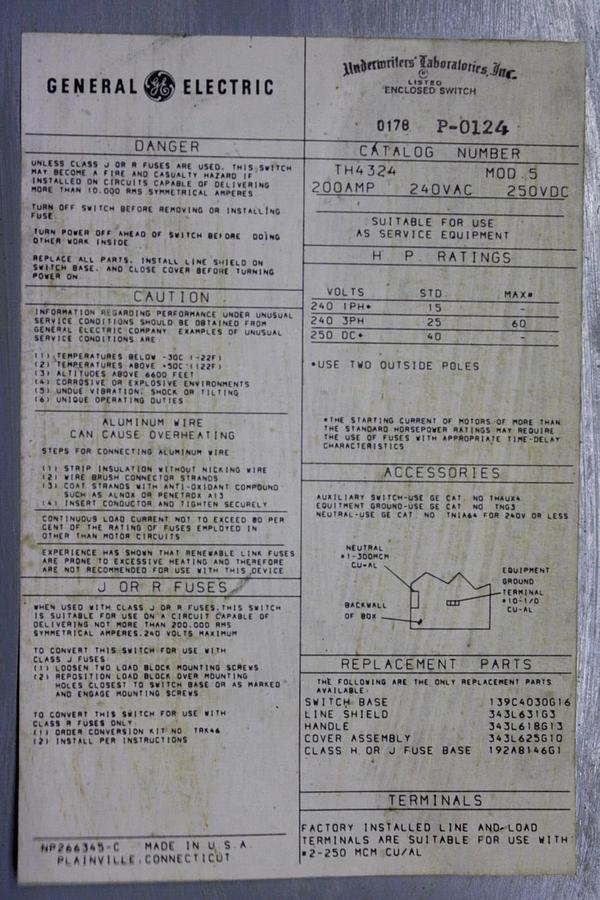 Used GENERAL ELECTRIC HEAVY DUTY DISCONNECT SWITCH TH4324 200 AMP 240 VAC *WARRANTY*