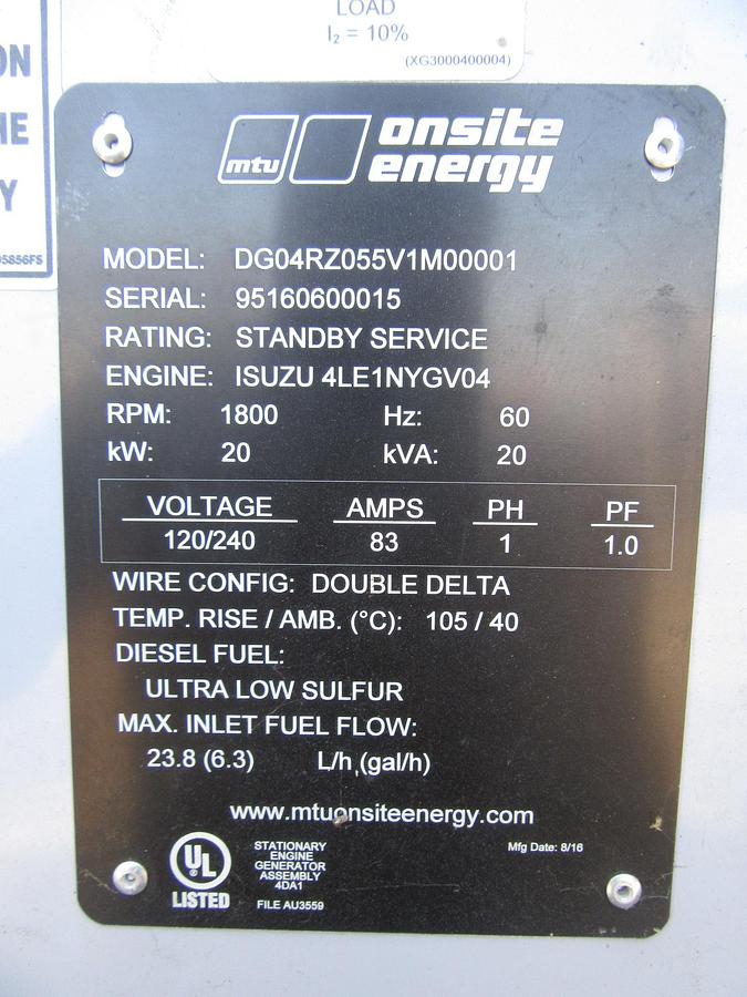 Used 20 KW DIESEL GENERATOR MTU 120/240 V 4LE1 ISUZU SOUND ENCLOSED 258 HRS  VIDEO