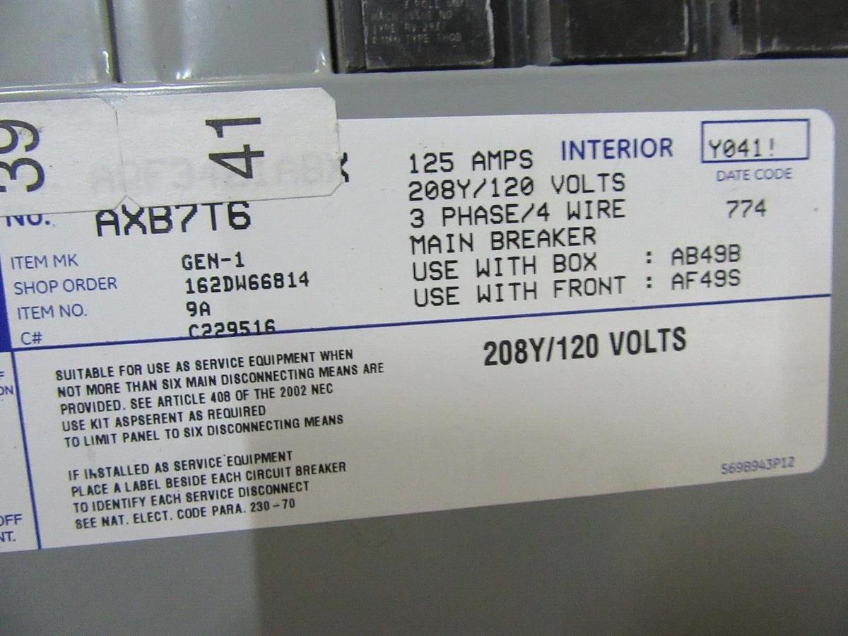 Used GE SERVICE PANEL AQF3421ABX 125 AMP 208Y/120 VOLT 3-PHASE W/ SURGE PROTECTOR
