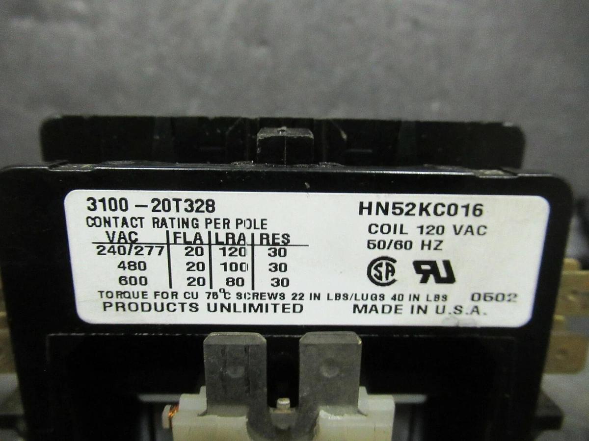 Used PRODUCTS UNLIMITED CONTACTOR 3100-20T328 / HN52KC016 20 AMP 600 VAC 120 V COIL