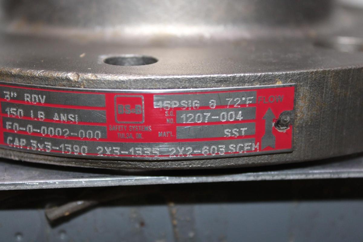 Used 3" BS&B TRANE RDV F0-0-0002-000 150 LB ANSI PRESSURE RELIEF VALVE 15 PSIG @ 72°F