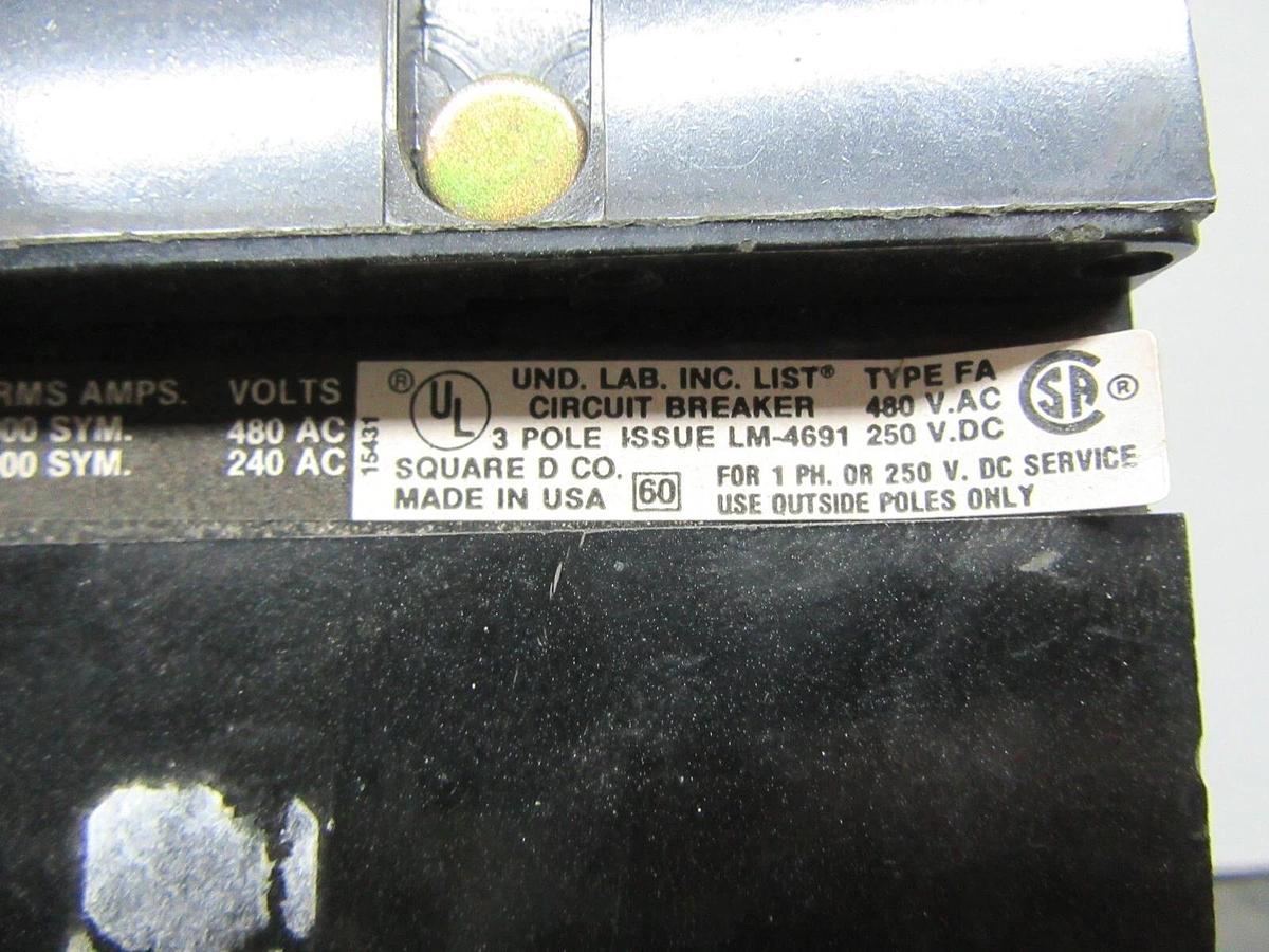 Used SQUARE D I-LINE BREAKER FA34020 20 AMP 3-POLE 480 VAC **WARRANTY INCLUDED**
